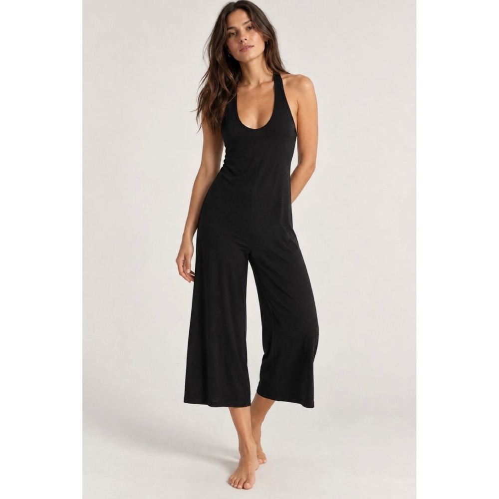 Beyond Yoga Heather Black Featherweight Racerback Wide Leg Cropped Jumpsuit S